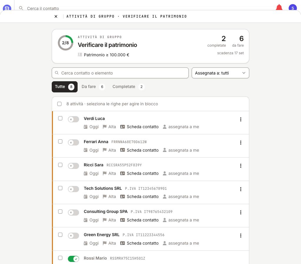 Dettaglio del gruppo Verificare il patrimonio con riepilogo 2 su 8, ricerca, assegnatario e filtri di stato