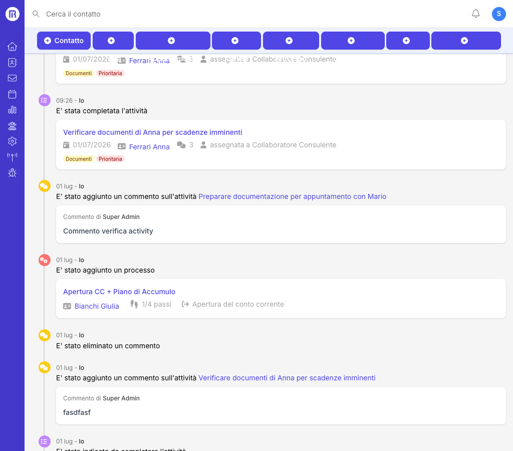Registro attività con aggiornamenti dei commenti sulle attività