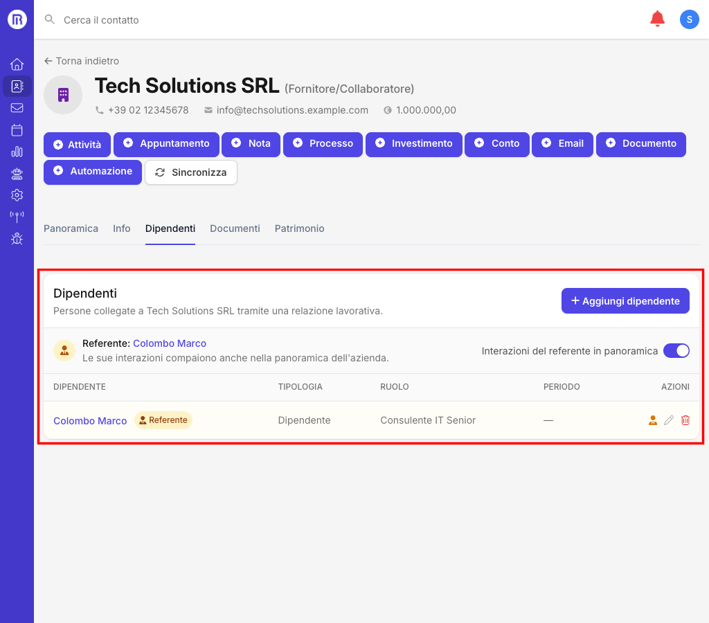Tab Dipendenti con referente e controllo delle interazioni