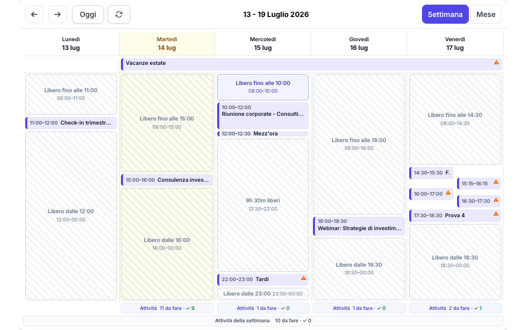 Vista settimanale del calendario Relafi con appuntamenti, intervalli liberi e riepilogo delle attività