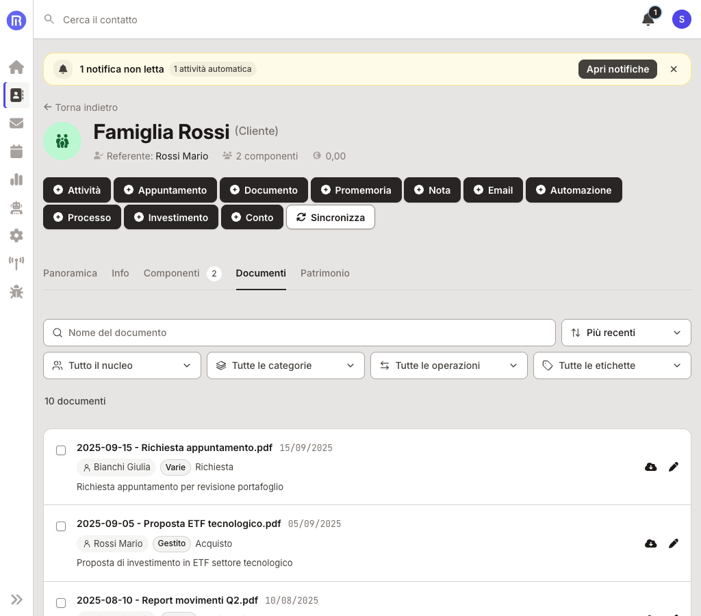 Documenti del nucleo con ricerca, filtri sempre visibili e indicazione del componente proprietario