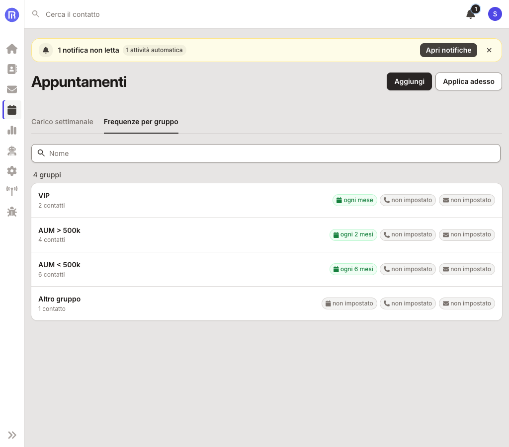Frequenze per gruppo dei tre canali e comando Applica adesso