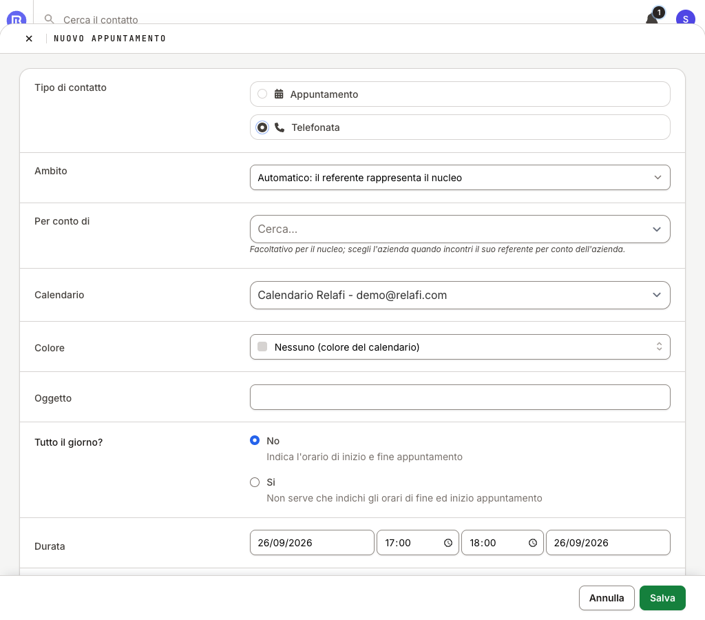 Modulo di un evento con Telefonata selezionato nel campo Tipo di contatto e la scelta dell’ambito della relazione