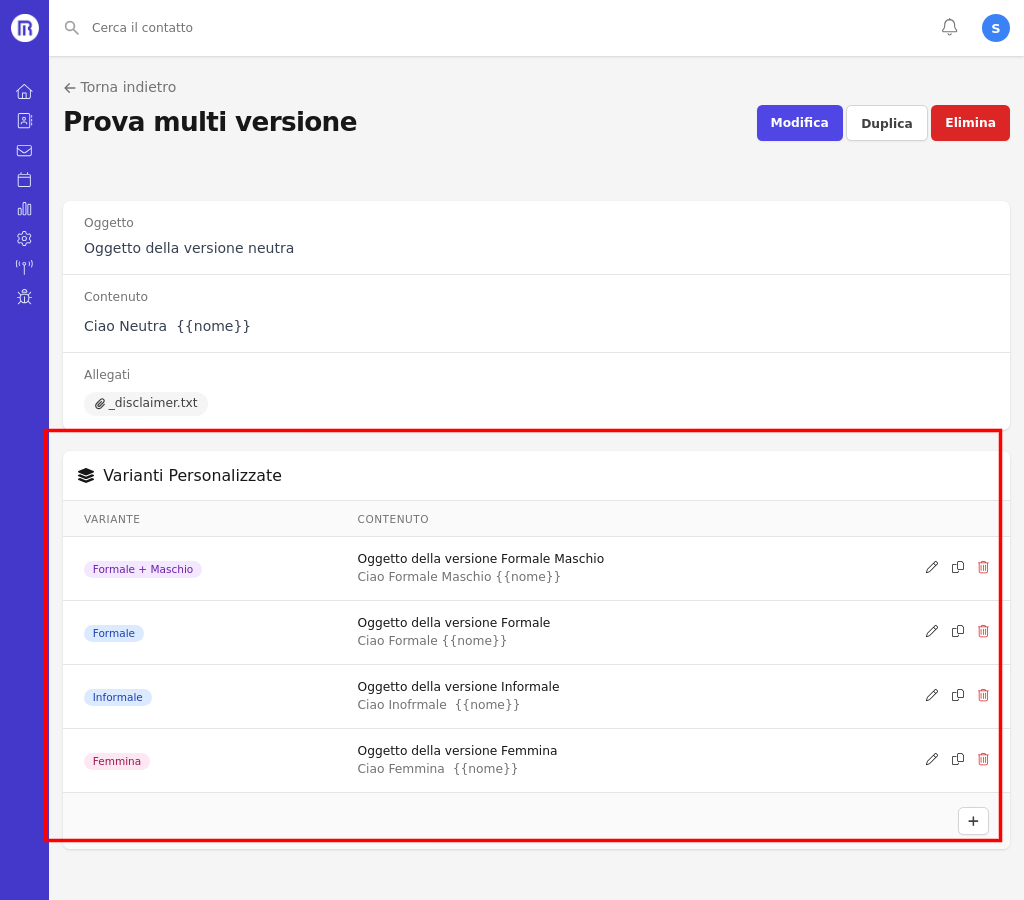 Pagina modello con tabella varianti personalizzate