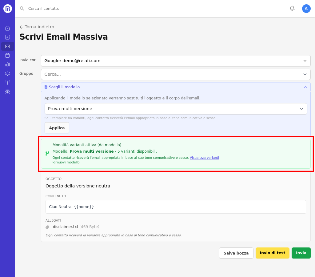 Email massiva con modalità varianti attiva e banner verde